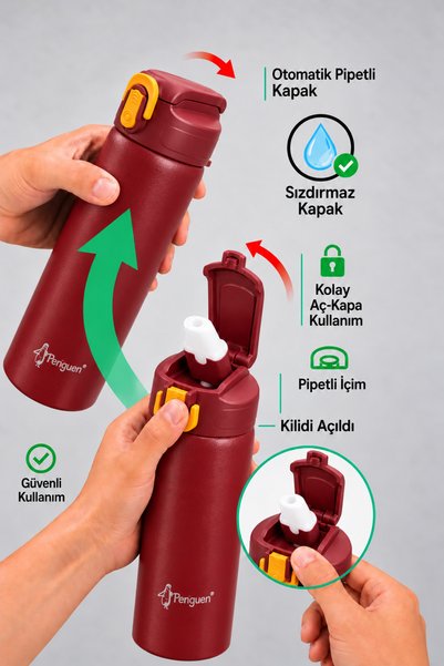 Penguen 600 ml Steel Water Bottle Sports Water Bottle Children's Steel Water Bottle with Straw Leak-Proof Sus304 Bpa Free