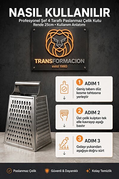 Transformacion Endüstriyel XXL 4 Taraflı Kutulu 18/10 304 Paslanmaz Çelik Şef Rendesi Profesyonel Şeflerin Tercihi 25 cm 723683