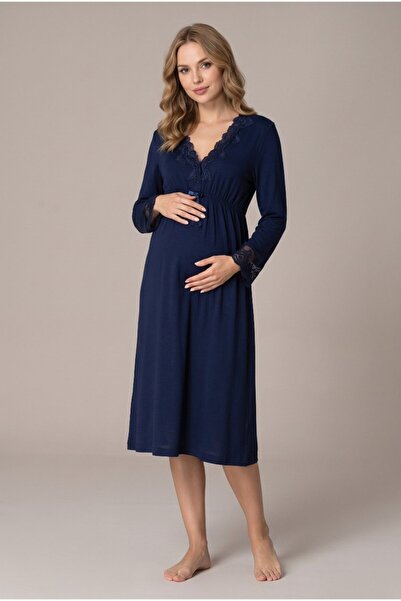 LOHOUSE Women's Navy Blue Lace Long Sleeve Maternity Nightgown Set for Easy B...