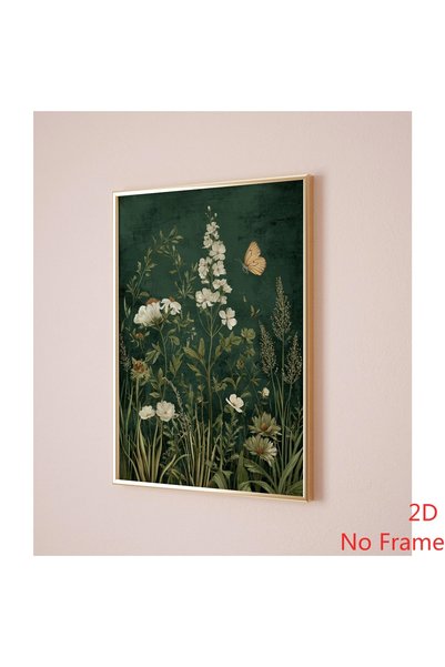 Generic Brand 1pc Wildflower Butterfly Canvas Wall Art, Vintage Dark Green Fl...