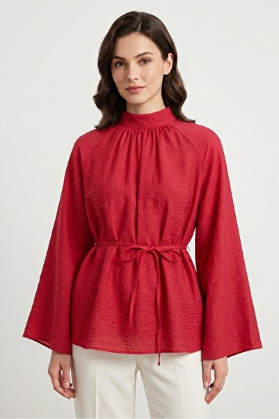 Saade Red Stand Collar Lace-Up Wide Sleeve Oversize Blouse
