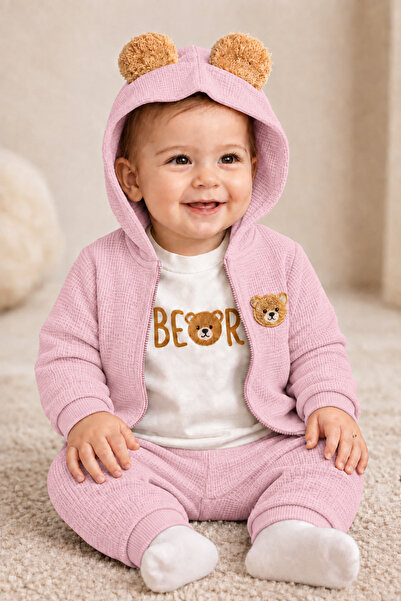 Mai Perla 3-Piece Baby Set with Teddy Bear Ears and Waffle Fabric Cardigan (6...