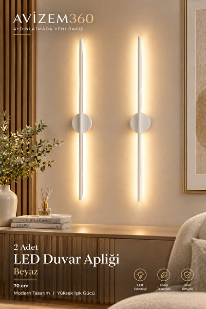 AVİZEM360 Modern Dekoratif Led Duvar Aplik 70 Cm Günışığı BEYAZ 2 Adet ( PİLLİ )
