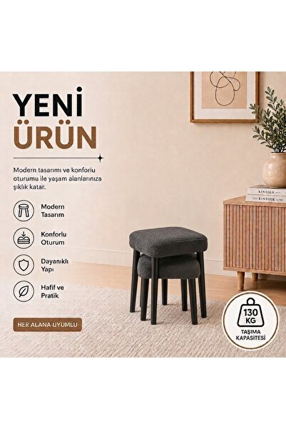 EVDERA MOBİLYA KARE 2Lİ PUF TAKIMI TABURE BENCH MAKYAJ SANDALYESİ SİYAH AYAK