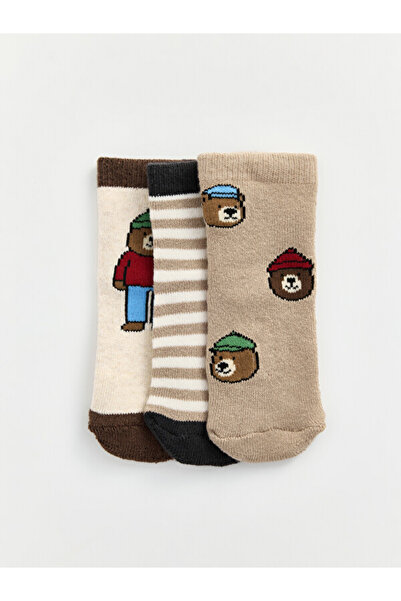 LC Waikiki Rmz Gi̇yi̇m Farkiyla Bear Embroidered Baby Boy Socks 3-Piece Set