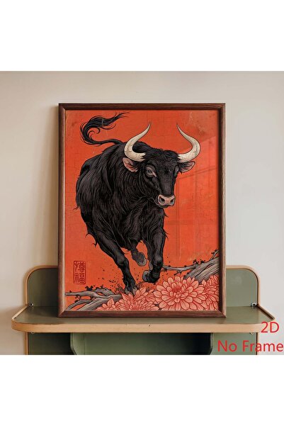 Generic Brand 1pc Japanese Style Bull Vintage Orange Floral Canvas Wall Art P...