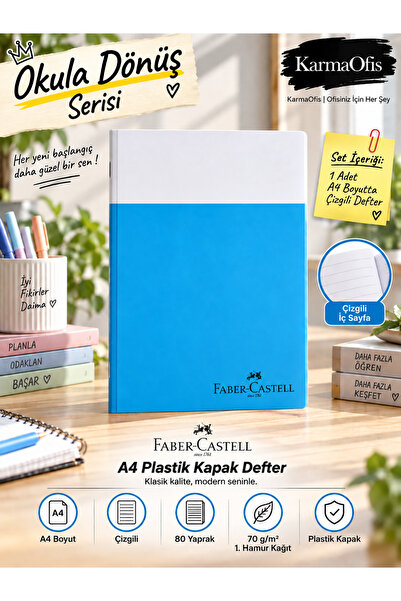Faber Castell Faber-Castell A4 Çizgili Defter 80 Yaprak 70 gr Plastik Kapak – Mavi Renk Seçenekli