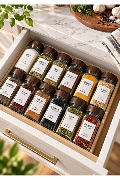 M Mimoza Park 12-Piece Acacia Lid Square Glass Spice Jar Set / 12 Pieces with...