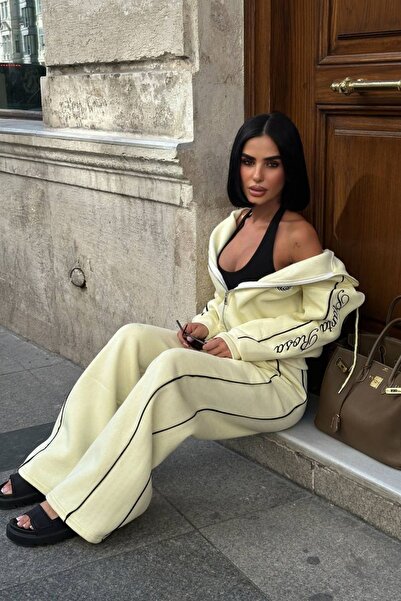 AVEN WOMAN Çizgi Detaylı Kapşonlu Fermuarlı Oversize Model Şardonlu Geniş Paç...