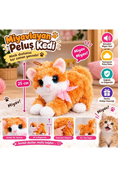 Seher Miyavlayan Peluş Kedi 25 cm Gerçekçi Miyav Sesi Yumuşak Sevimli Oyuncak