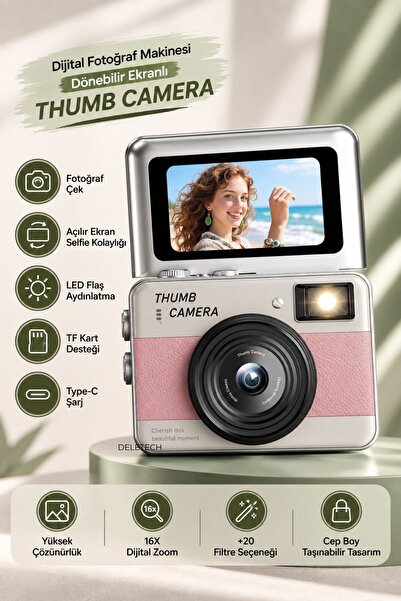 Mini Dijital Fotoğraf Makinesi 68MP | 180° Dönebilir Flip Ekran | Selfie ve Vlog Kamera | 16X Dijital Zoom | LED Flaş | SD Kart Hediyeli