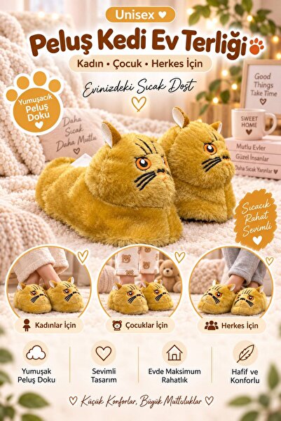 SOLERO Unisex Peluş Kedi Ev Terliği Kadın, Erkek ve Çocuk Kışlık Sıcak Yumuşa...