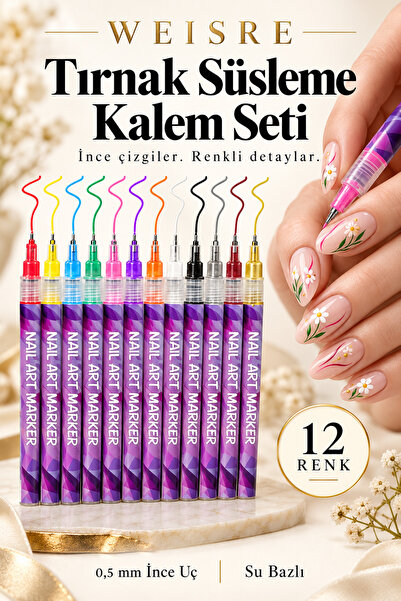 Weisre 12 Renk Su Bazlı Nail Art Tırnak Süsleme Kalemi Seti 0,5 mm İnce Uçlu ...