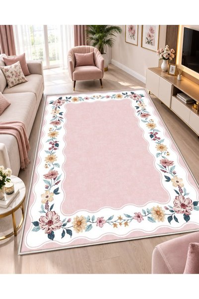 STY Home Pembe Çiçek Dijital Baskı Halı Kaymaz Tabanlı Yıkanabilir Halı Yollu...