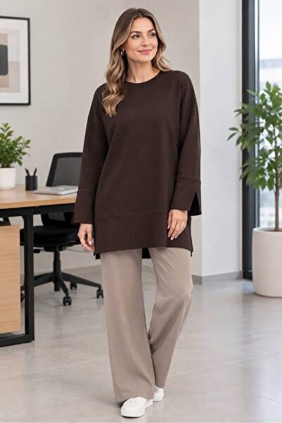 Loreen Tunic Blouse with Basic Slit Detail on Sides and Sleeves, Brown