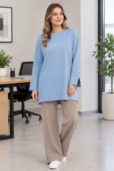 Loreen Tunic Blouse with Basic Slit Detail on Sides and Sleeves Light Blue