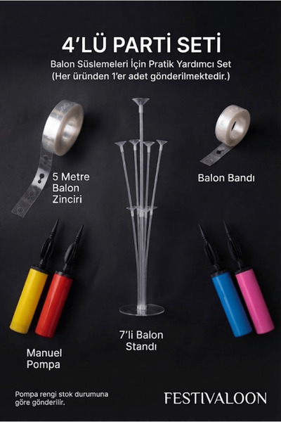 FESTİVALOON 4’lü Balon Süsleme Seti 5 Metre Balon Zinciri 7’li Balon Standı M...