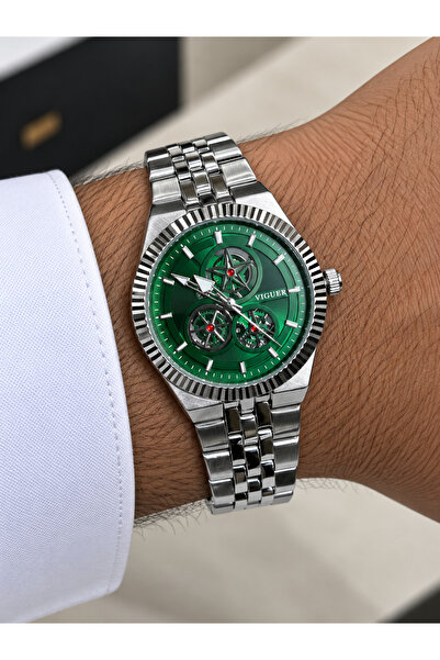 Generic Brand Men's Silver Watch with Green Dial Luxury Looster Time