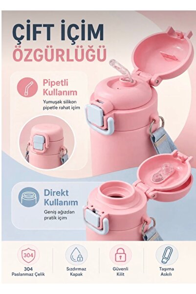 Hane216 304 Paslanmaz Çelik Çocuk Su Matarası 600 ml Çift İçim Modlu Kilit Ka...