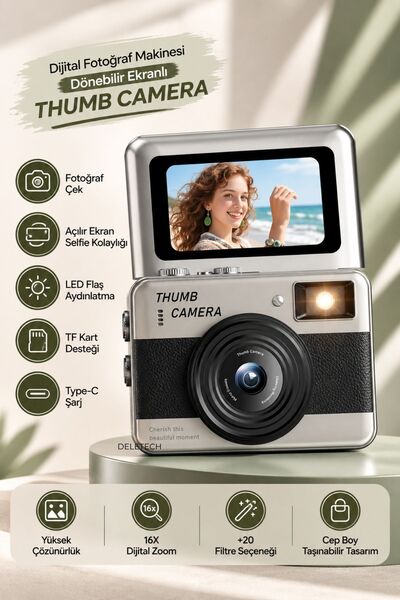 Mini Dijital Fotoğraf Makinesi 68MP | 180° Dönebilir Flip Ekran | Selfie ve Vlog Kamera | 16X Dijital Zoom | LED Flaş | SD Kart Hediyeli