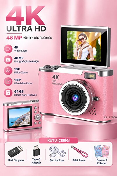 Deletech 4K Dijital Fotoğraf Makinesi 48MP | 180° Flip Ekran | 18X Dijital Zo...