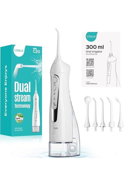 COSLUS C20 Water Flosser خيط مائي لاسلكي لتنظيف الأسنان واللثة باللون أبيض