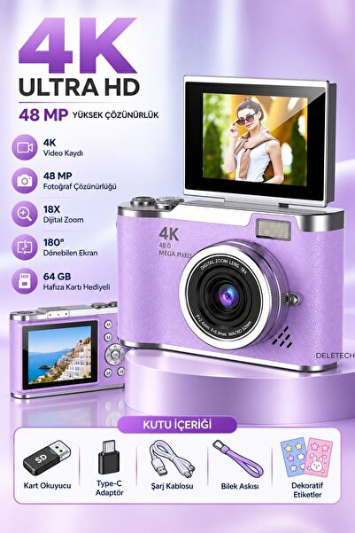 Deletech 4K Dijital Fotoğraf Makinesi 48MP | 180° Flip Ekran | 18X Dijital Zo...