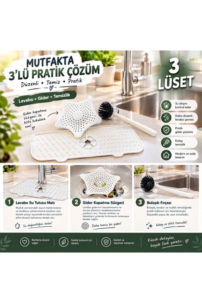 3 Lü Set Kampanyalı Ürün Musluk Önü Matı Fırça ve Gider Kapağı