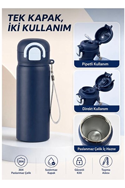 Hane216 304 Paslanmaz Çelik Çocuk Su Matarası 600 ml Çift İçim Modlu Kilit Ka...