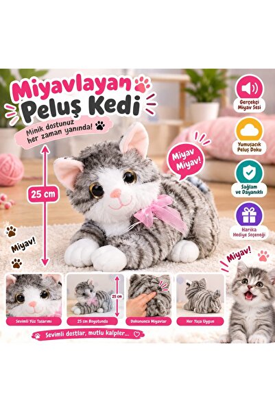 Seher Miyavlayan Peluş Kedi 25 cm Gerçekçi Miyav Sesi Yumuşak Sevimli Oyuncak