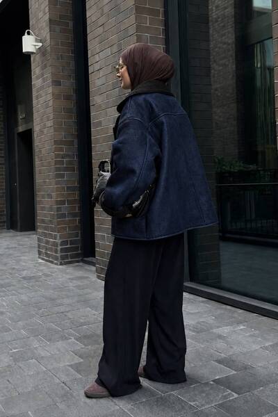 mega lucky Premium Navy Blue Denim Black Textured Suede Oversize Zr Model Coat Jacket with Plush Inside