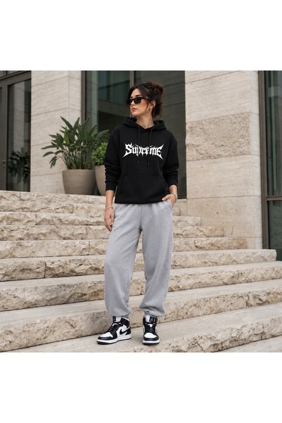 CLOTHES33 Trening cu glugă, set din 2 piese, de iarnă, cu imprimeu Supreme, p...