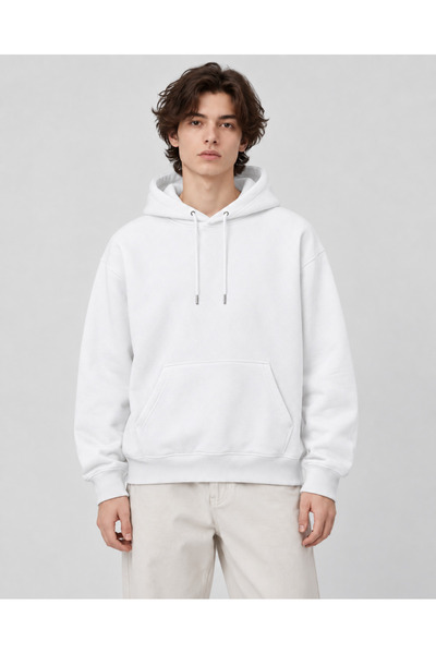 nisex Oversize Kapüşonlu Sweatshirt Beyaz Kanguru Cepli 3 İplik İçi Şardonlu Basic Hoodie