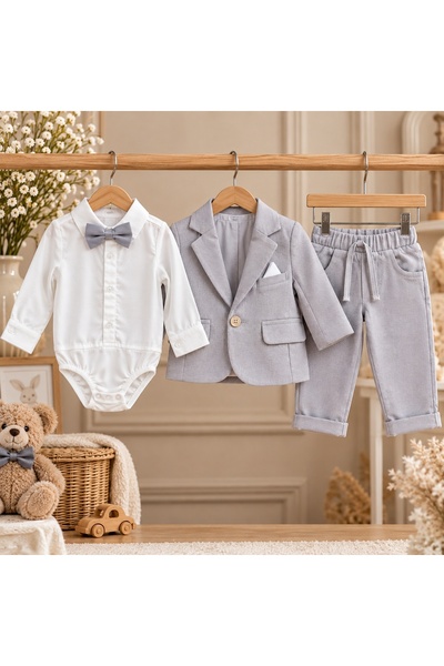 Pure Boutique Costum bebe baiat gri perlat 3 piese cu sacou body camasa si pantaloni elegant