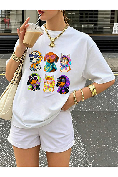 SUNFREE 80's Concept Cat and Dog Printed Oversize Crew Neck Short Sleeve Tshirt
