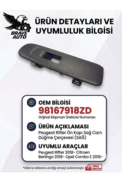 Peugeot Rifter Citroen Berlingo Opel Combo E Ön Kapı Sağ Cam Düğme Çerçevesi 98167918ZD