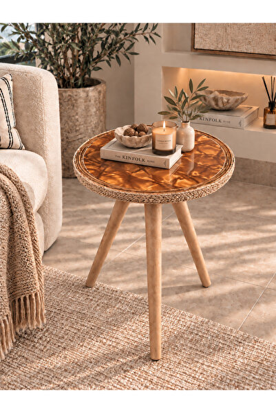 toprakhome Karamel Sehpa, Rattan Kenar Hasır Örgü Sedefli Yan Sehpa Model:2