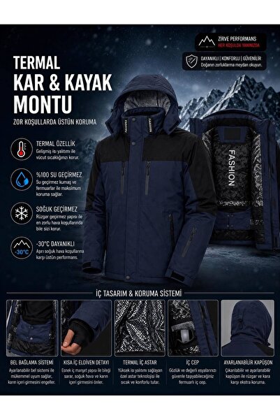 MODAZENGEL Erkek Lacivert Termal Su Geçirmez Kayak Montu