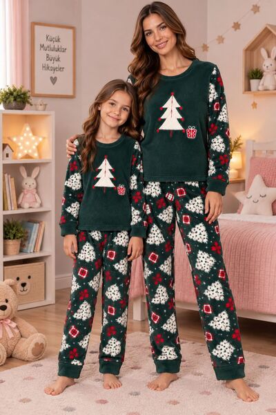 ALİŞ KİDS Green Fleece Pine Tree Patterned Christmas Themed Winter Pajama Set...