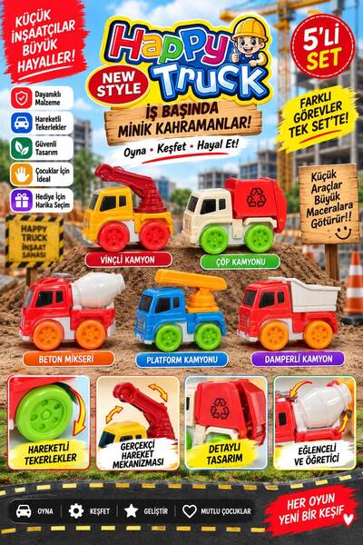 wappa 5'Lİ İş Arabaları Seti, Vinçli Kamyon, Çöp Kamyonu, Beton Mikseri, Damp...