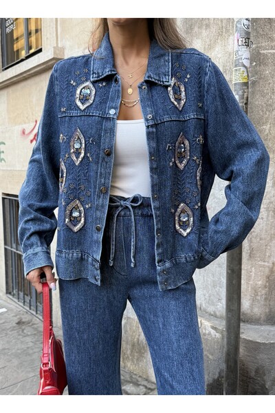 MİA NOURA Women's Front Beaded Embroidered Denim Tansel Jacket
