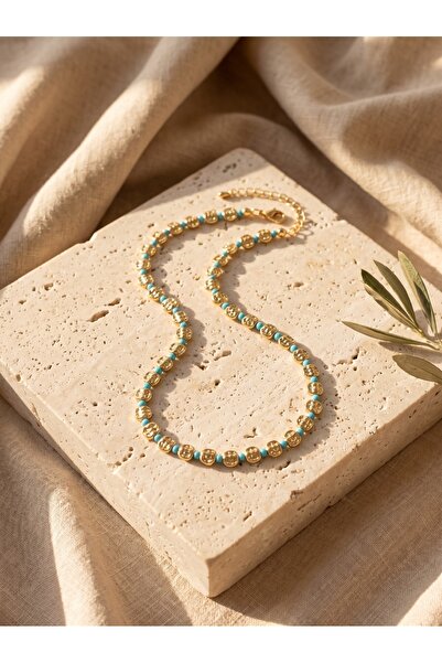 La sauvagine Women's Gold Hammered Plate Detailed Turquoise Beaded Bohemian N...