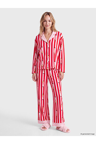LC Waikiki Rmz Gi̇yi̇m Farkiyla Shirt Roba Collar Embroidered Women's Pajama Set