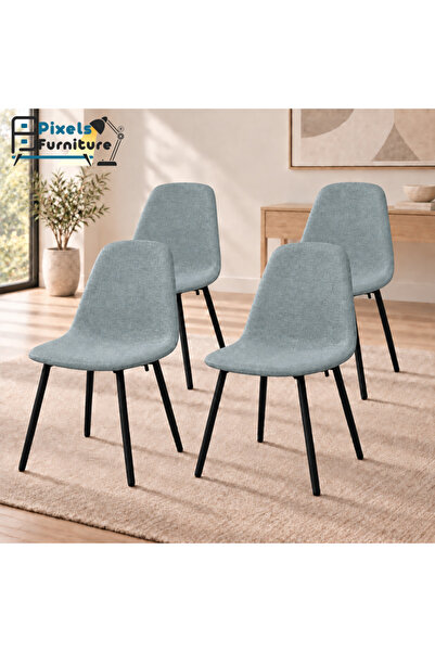 PixelsFurniture مجموعة 4 كرسي سفرة قماش كتان من بكسل الأثاث، بمسند للظهر مع أ...