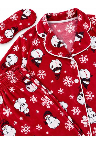 ALİŞ KİDS Red Suede Fabric Snowman Snowflake Patterned Shirt Collar Pajama Set Suitable for Girl and Mother