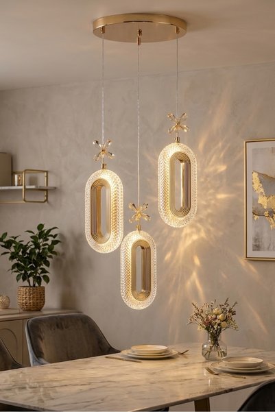 EYM Home Design 3'li Gold Kumandalı 3 Renk Ledli Modern Sarkıt Led Avize
