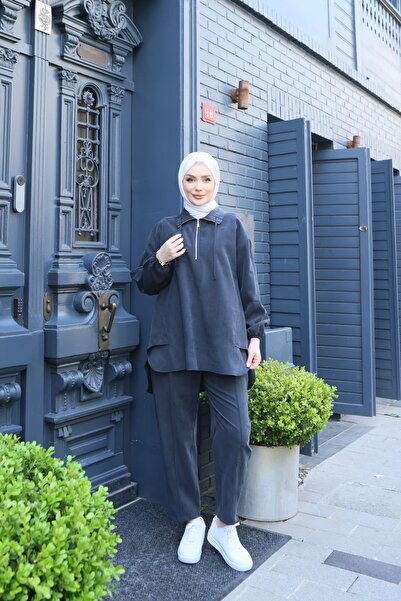 NİSUM MODA Costum Tencel cu fermoar la gât