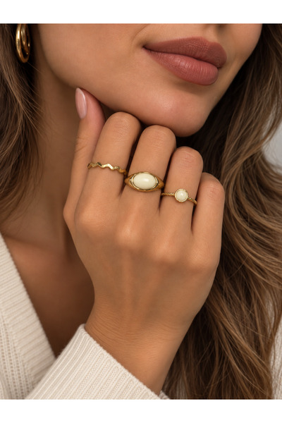 Ayen&accessories Kadın Gold Renk 18mm Çelik 3’lü Yüzük Seti Beyaz Taşlı Dalga...