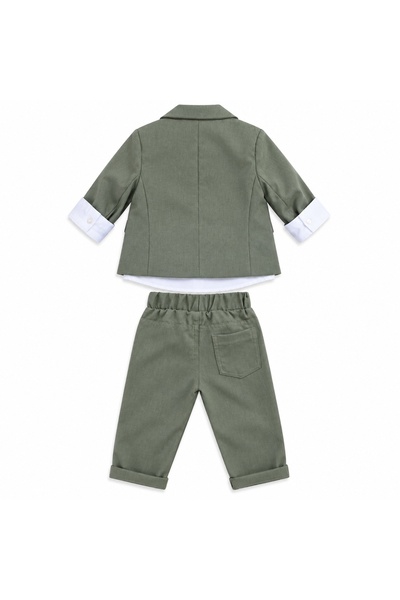 Pure Boutique Costum bebe baiat verde kaki 3 piese cu sacou camasa si pantaloni elegant
