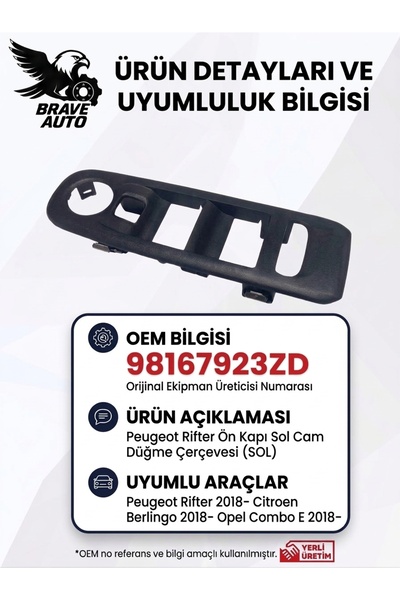 Genel Markalar Peugeot Rifter Citroen Berlingo Opel Combo E Ön Kapı Sol Cam D...
